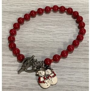 Silvertone Bracelet w/Red Beads‎ Snowman Couple Charm Christmas